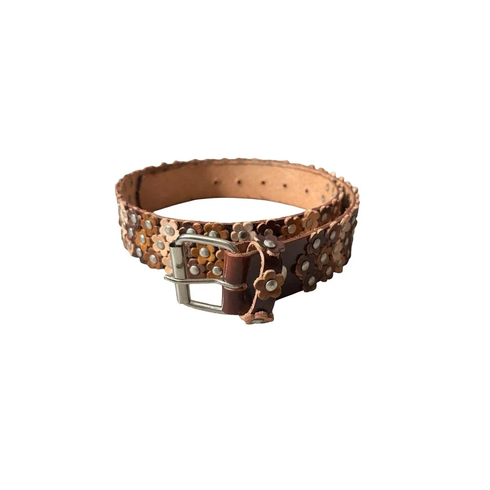 Y2K Brown Leather Floral Studded Belt Large 3D Flower Applique Boho 38in